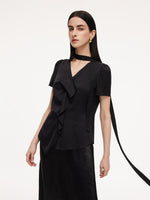 [Preview] 22MM Mulberry Silk Asymmetrical Hem Women Blouse With Ribbon GOELIA