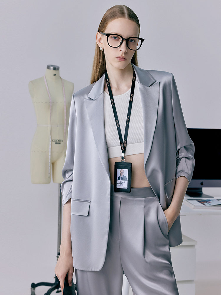 Acetate 3/4 Ruched Sleeves Women Blazer GOELIA