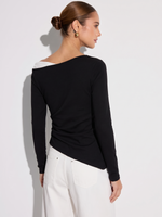 Boat Neck Asymmetrical Hem Women Color Block Knit Top GOELIA