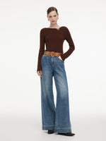 100% Cotton Denim Women Wide Leg Jeans With Belt GOELIA
