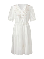 Tencel Blend Sequins Embroidered Women Midi Dress With Tie String Belt GOELIA