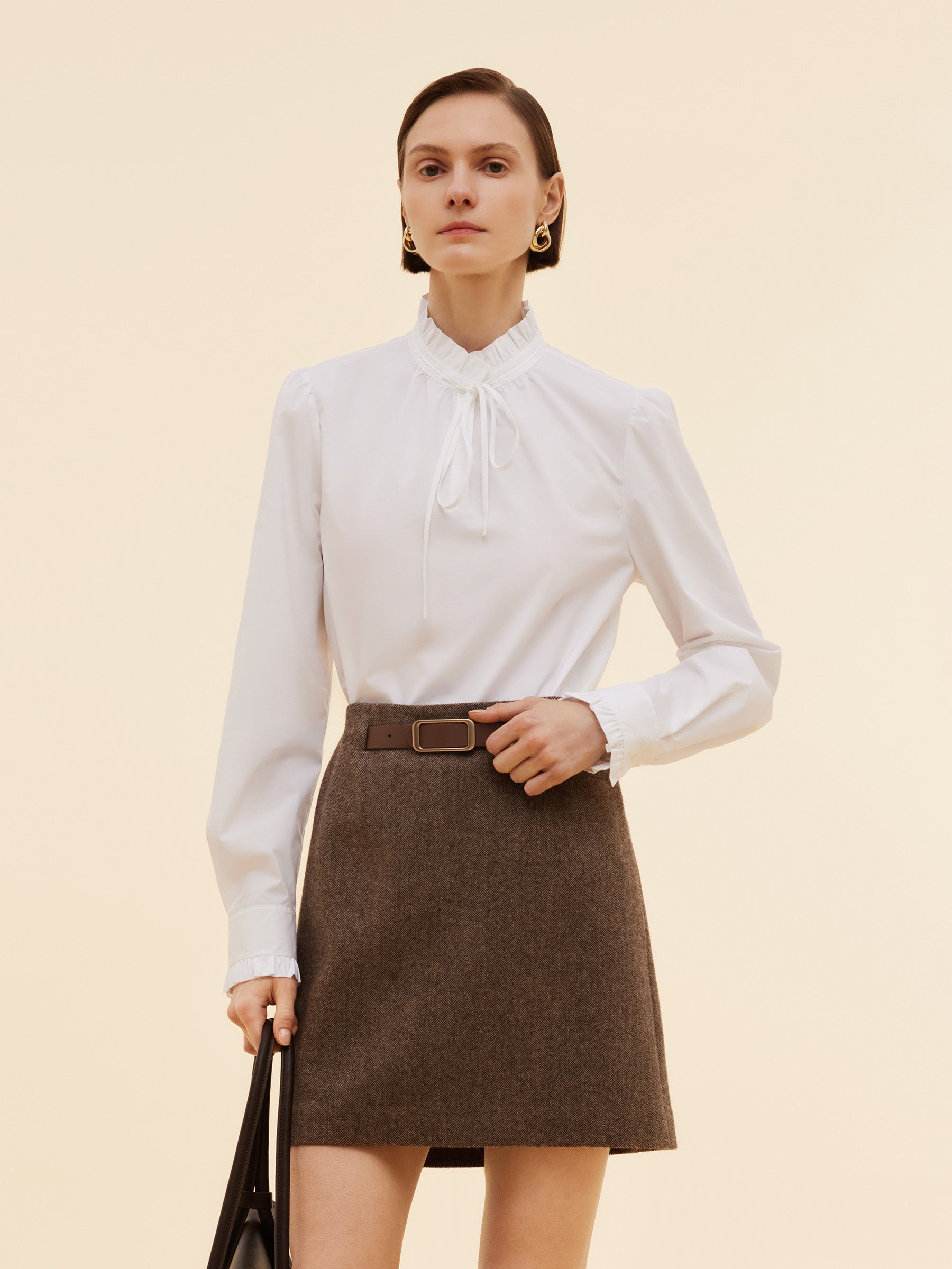 Ruffle Neckline Women Puff Long Sleeve Blouse GOELIA