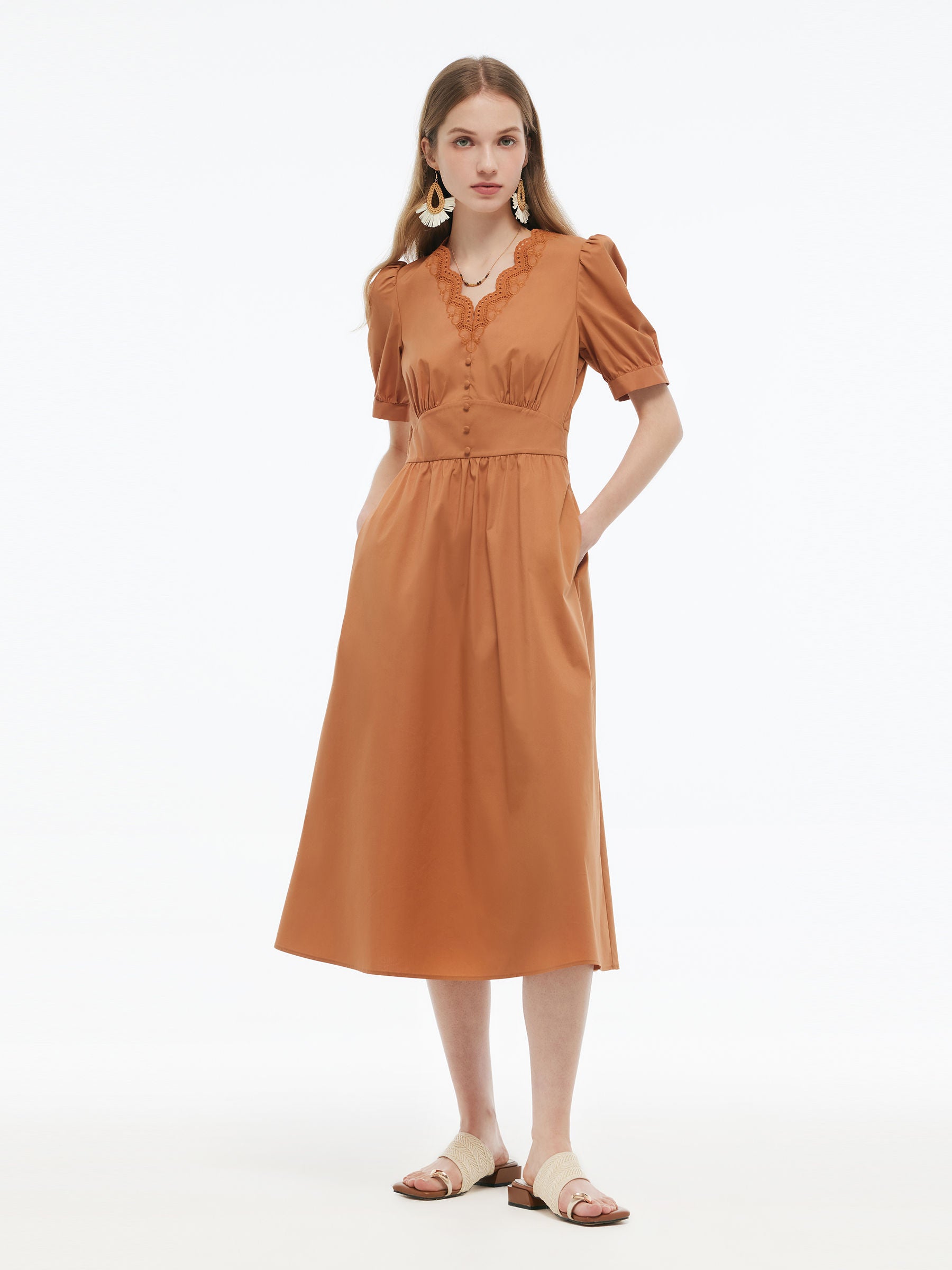 Embroidered Scallop Hem V-Neck Women Gathered Waist Maxi Dress GOELIA