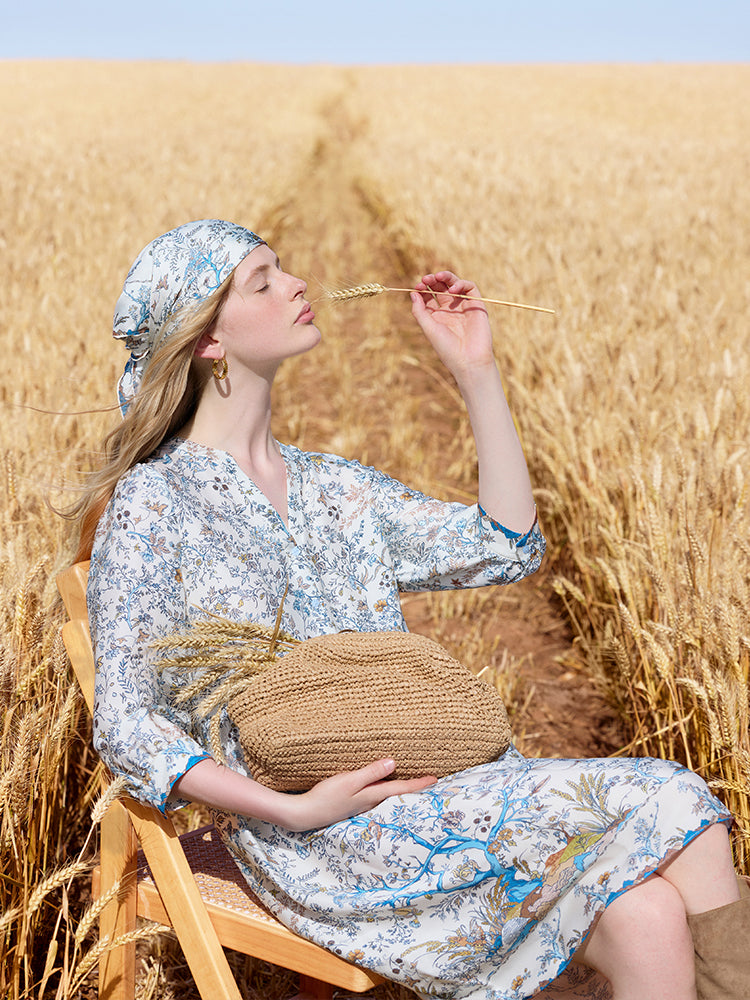 19 Momme Mulberry Silk Printed Women Mini Dress With Scrunchie GOELIA