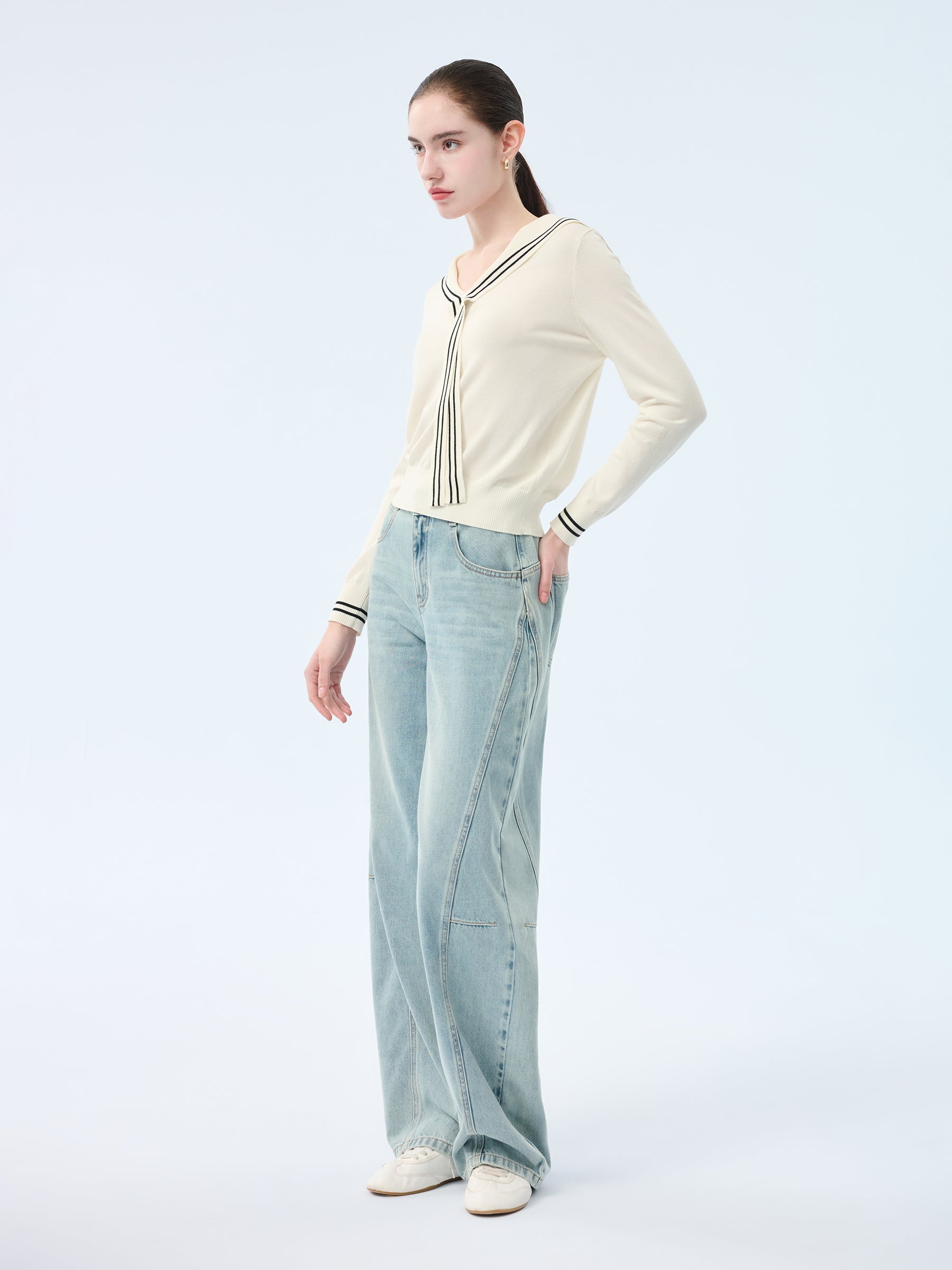 Tencel Blend Sailor Collar Women Knit Top GOELIA