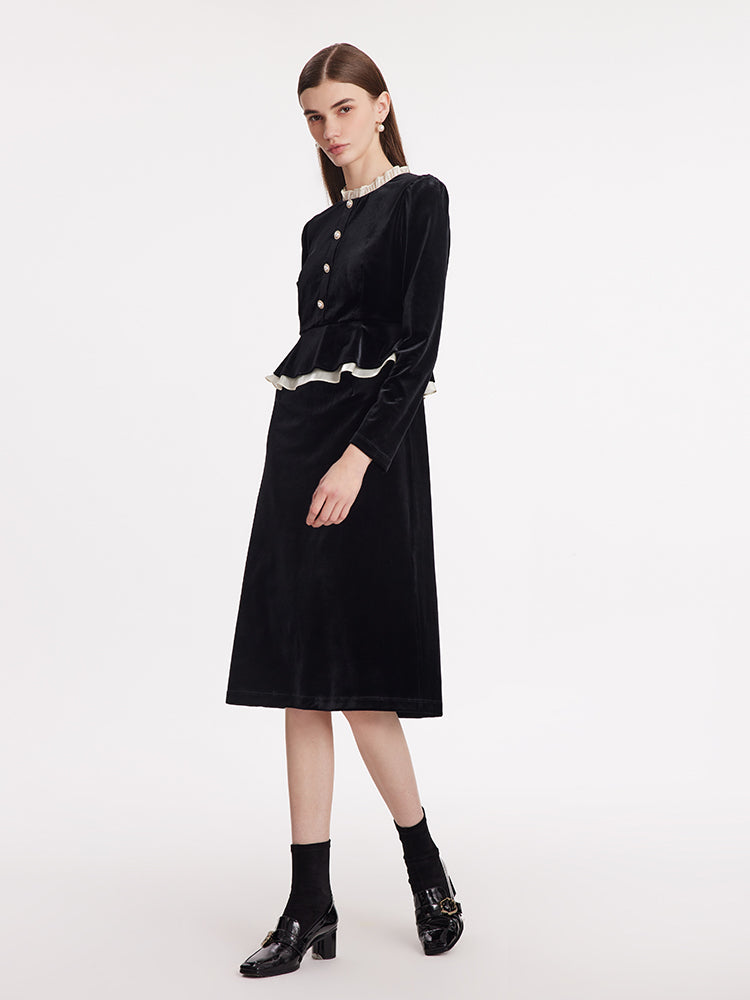 Tweed A-Line Ruffle Collared Women Midi Dress