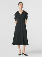 Black Triacetate Gathered Waist V-Neck Midi Dress GOELIA