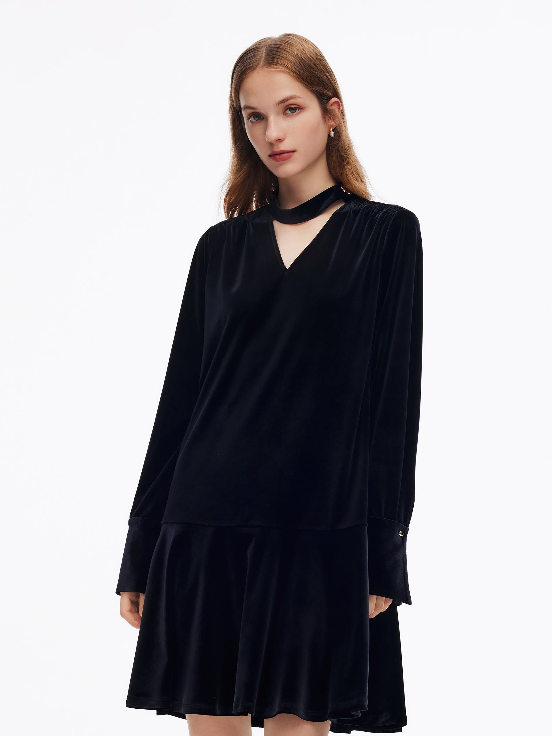 [Preview] Velvet Ribbon V-Neck Ruffle Hem Women Mini Dress GOELIA