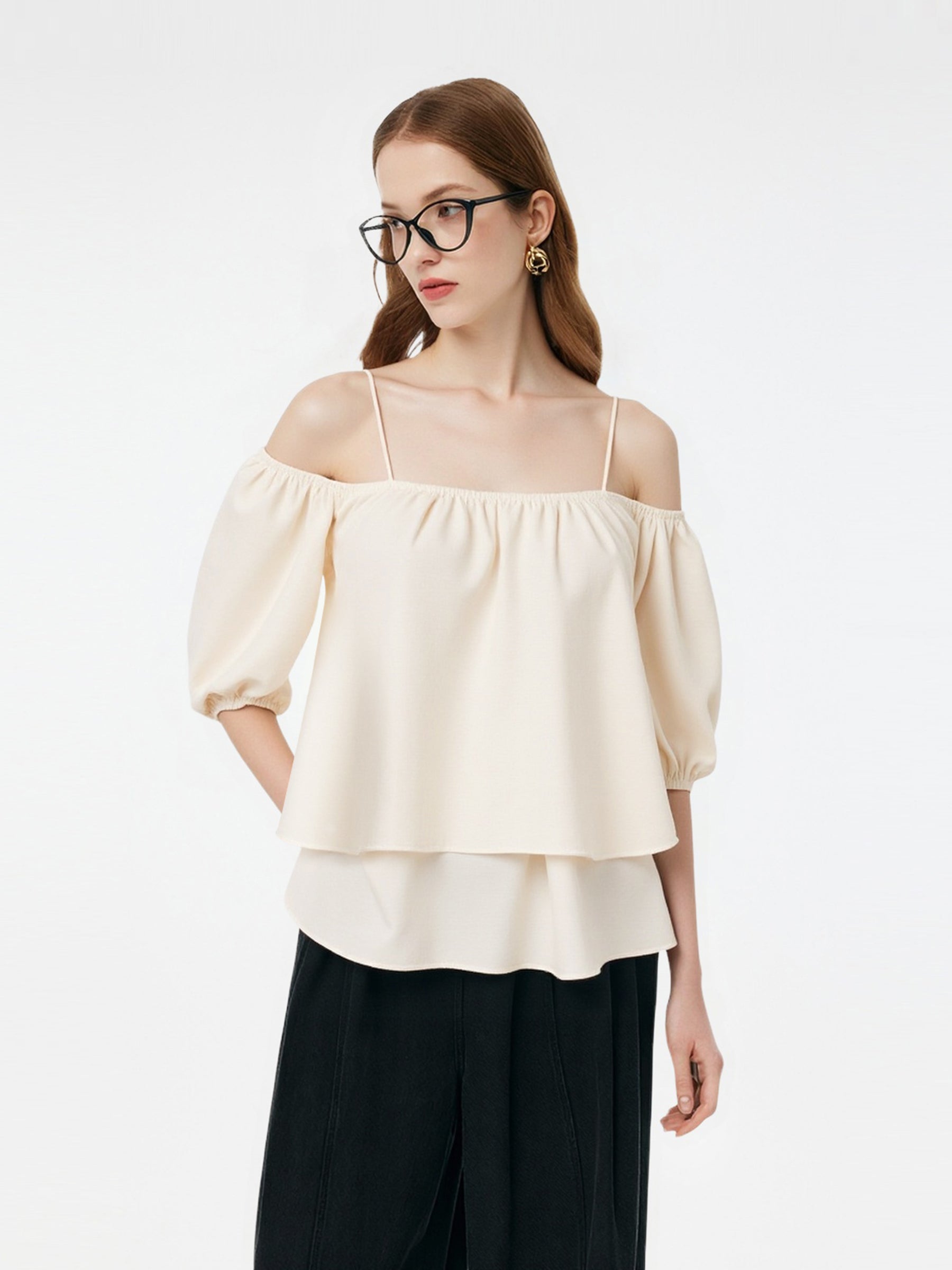 Acetate Blend Convertible Neckline Women Ruffle Hem Top GOELIA