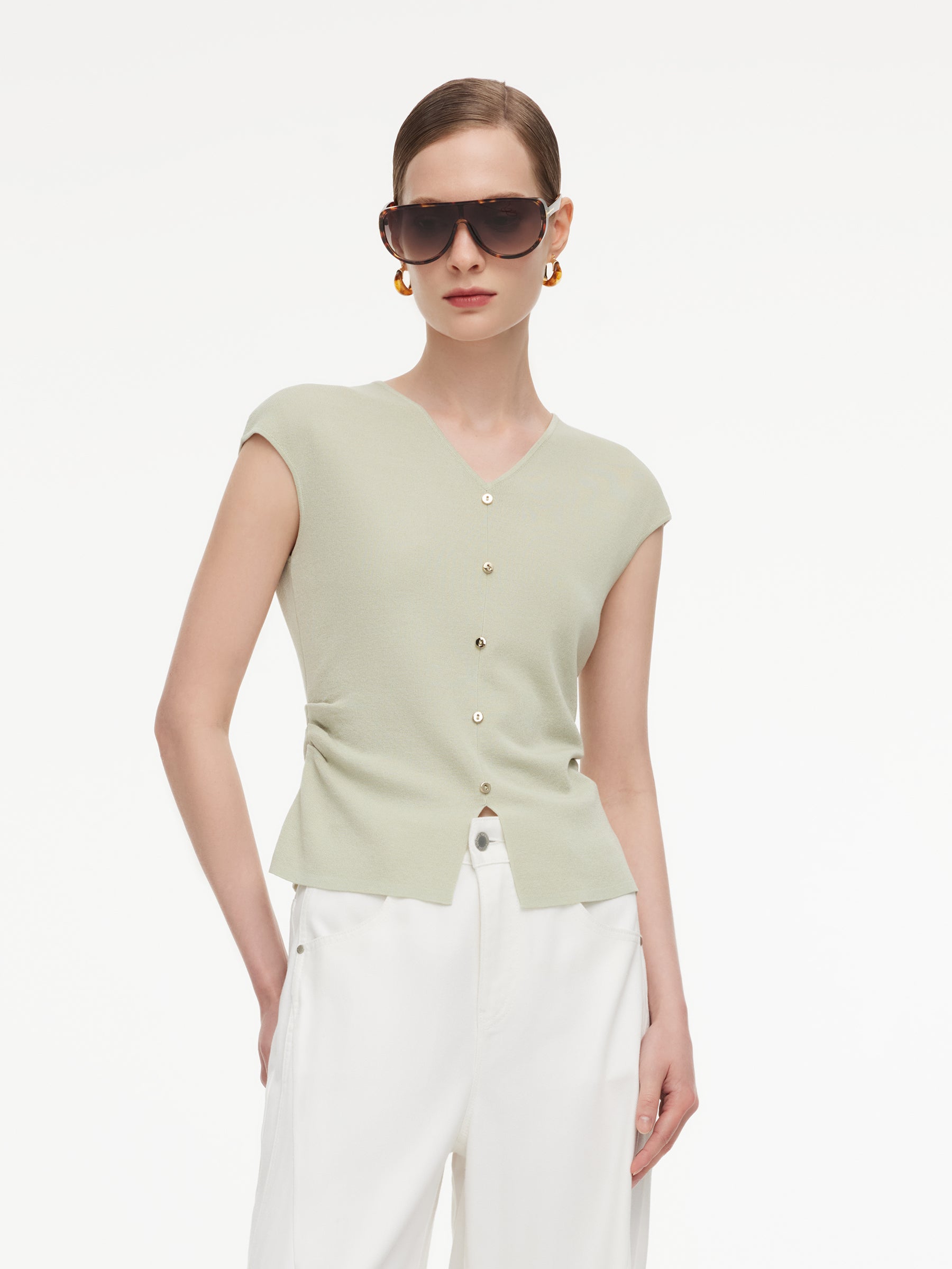 Tencel Blend Side Twist Women Cap Sleeve Knit Top GOELIA