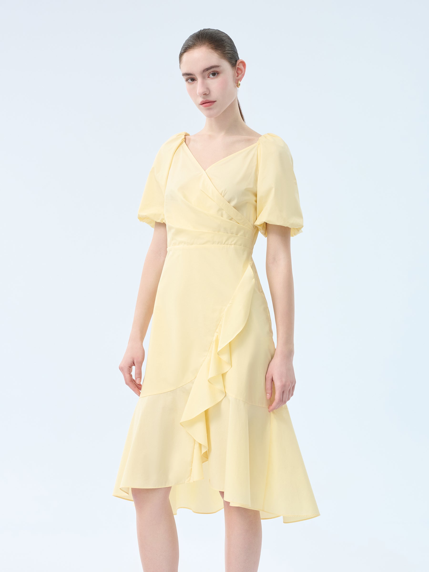 100% Cotton Ruffle Puff Sleeve Women Wrap Midi Dress GOELIA