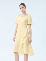 100% Cotton Ruffle Puff Sleeve Women Wrap Midi Dress GOELIA