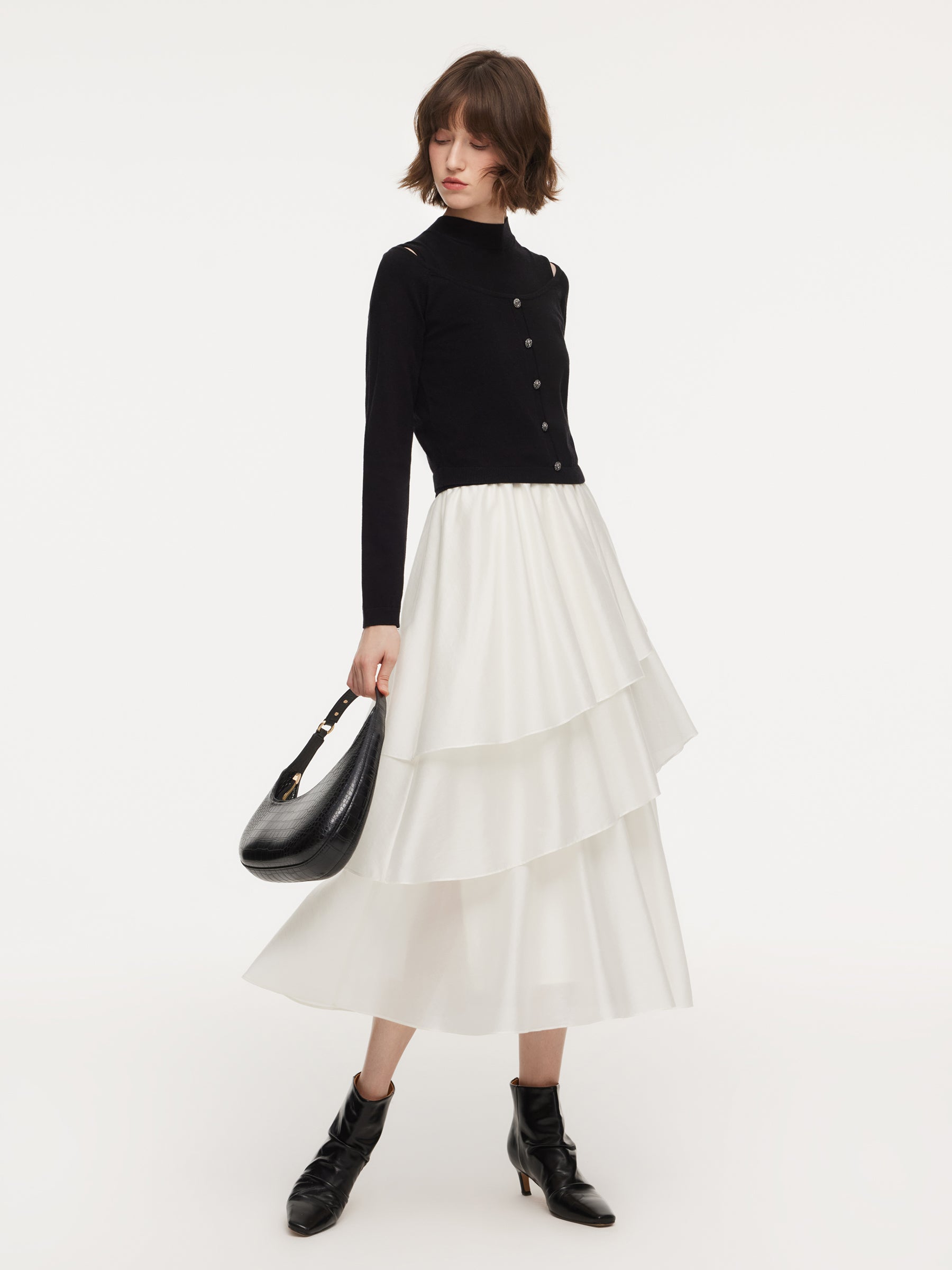 Lyocell Wool Blend Off Shoulder Knit Top And Sleeveless Tiered Dress Two-Piece Set GOELIA