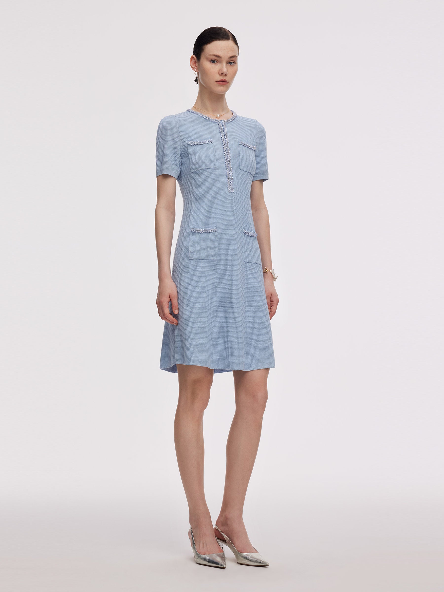 100% Cotton Half-Zip Women Beaded Round Neck Mini Dress GOELIA