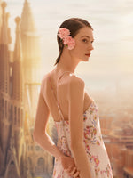 100% Linen Rose Print Women Halterneck Slip Maxi Dress GOELIA