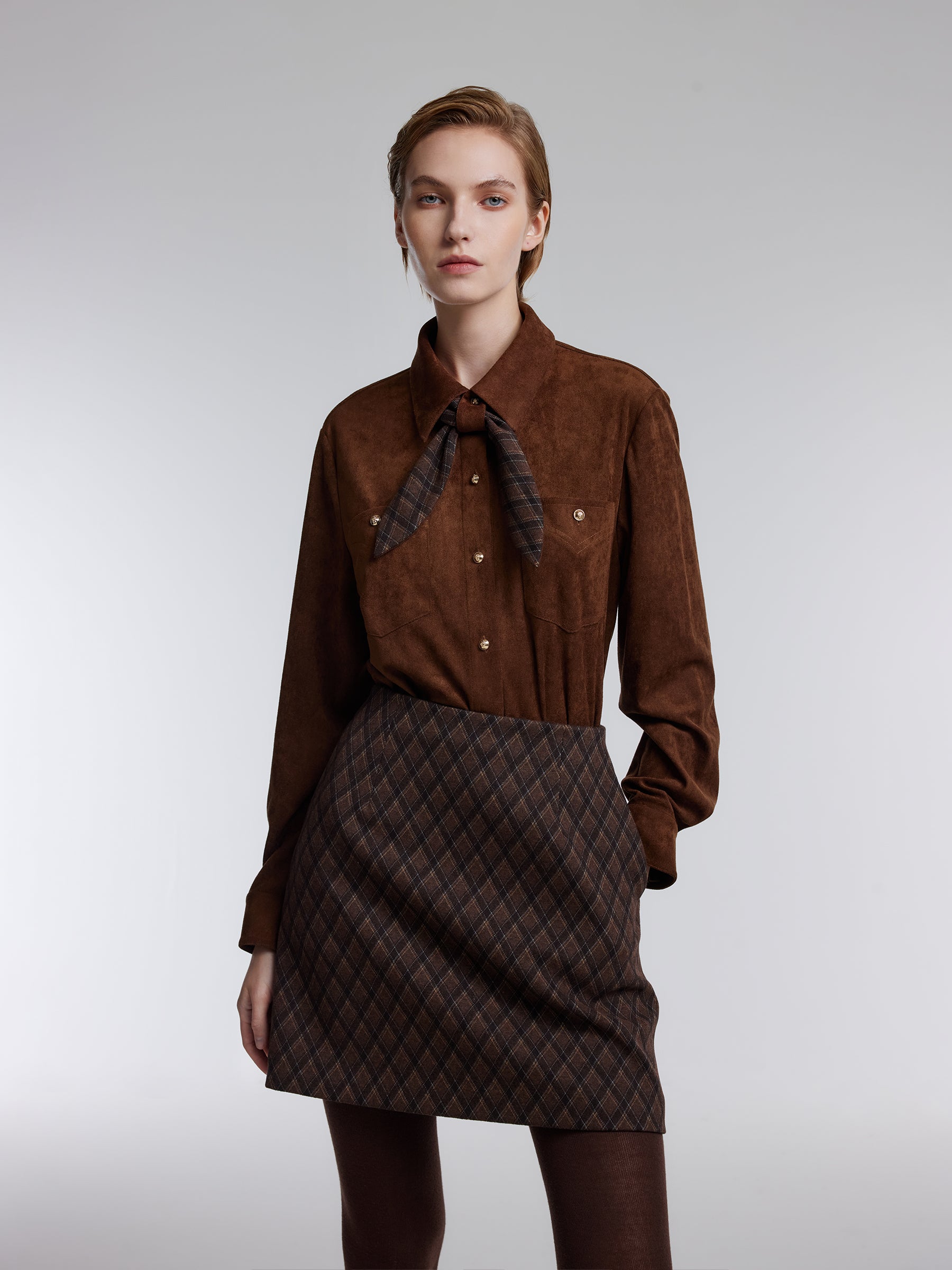 [Preview] Faux Suede Women Shirt With Ribbon GOELIA