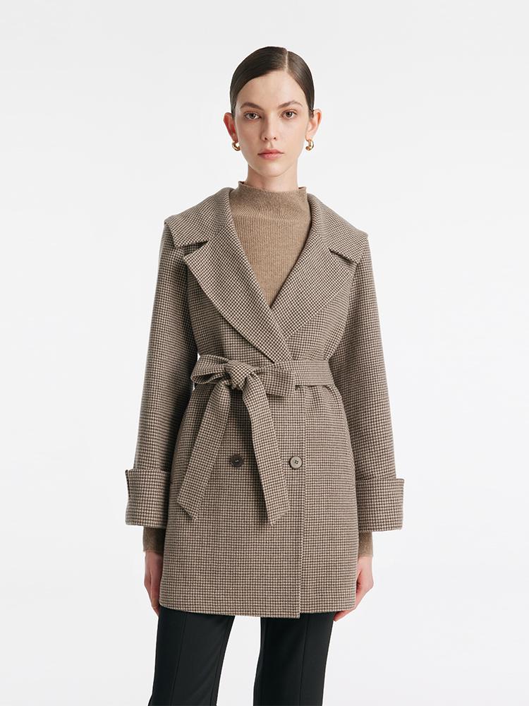 Navy Collar Mid-Length Lapel Women Coat With Belt GOELIA