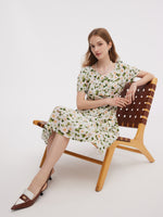 Acetate Blend Floral Print Women V-Neck Midi Dress With Belt GOELIA