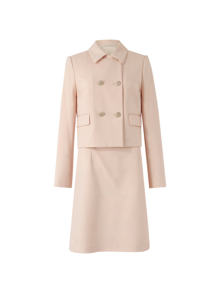 Worsted Wool Double-Breasted Crop Jacket And Skirt Two-Piece Suit GOELIA