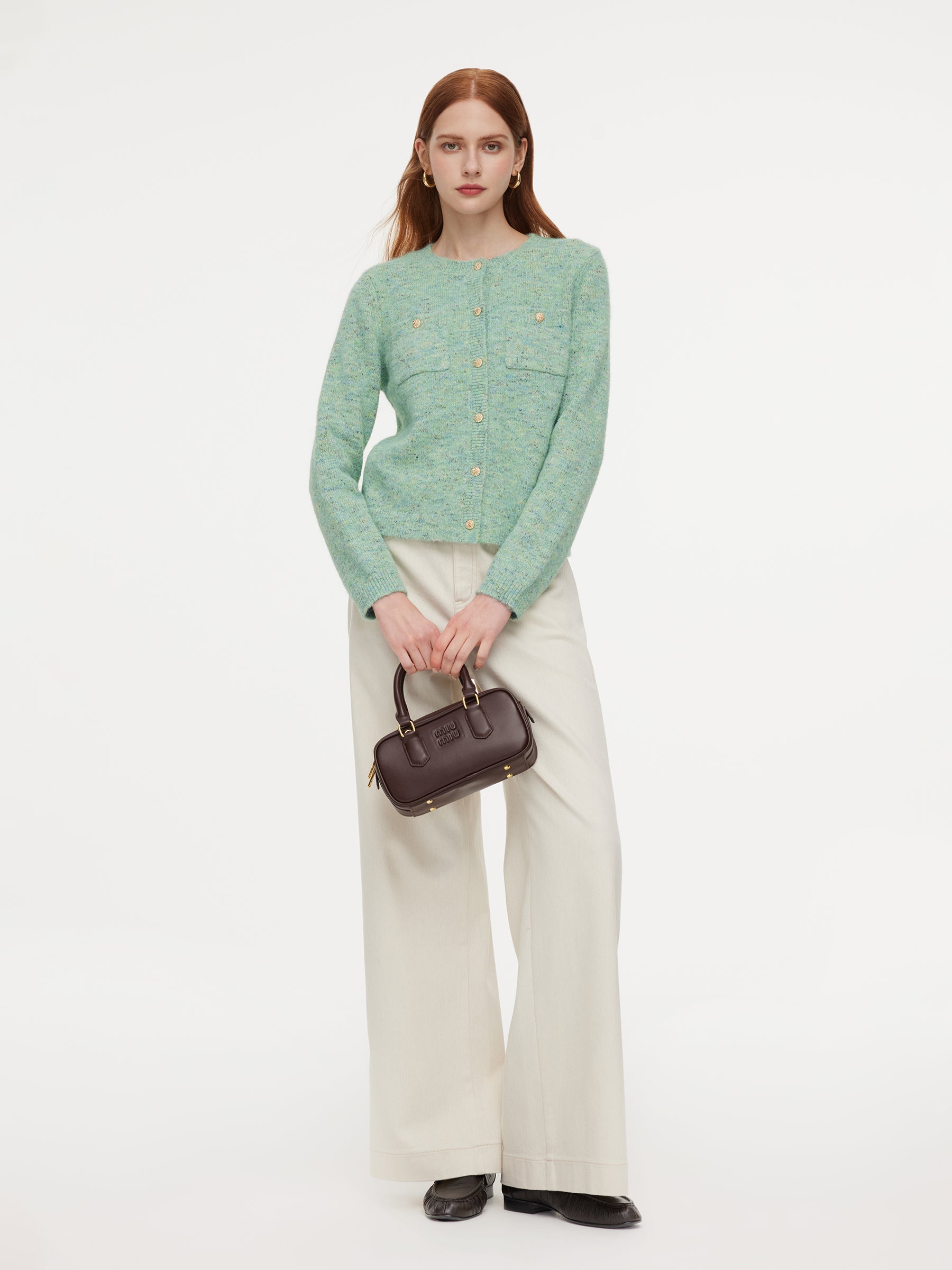 Melange Green Single Breasted Women Cardigan GOELIA
