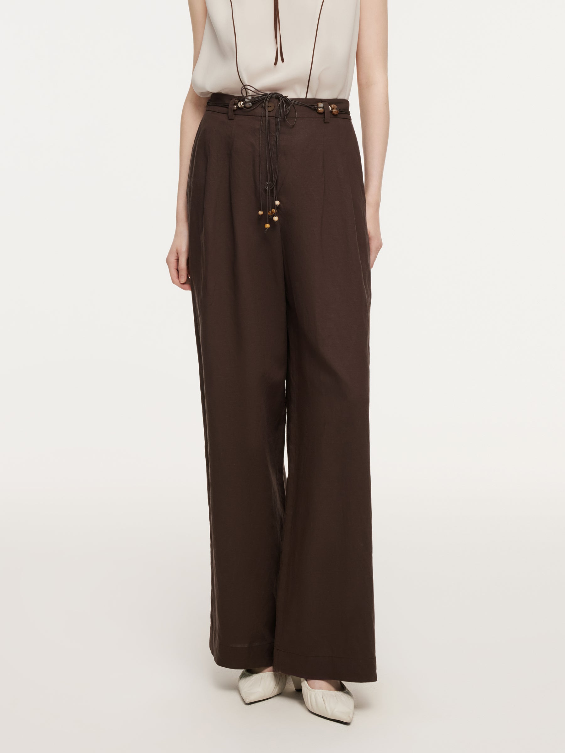 Linen Blend Women Wide Leg Pants With Tie String Belt GOELIA