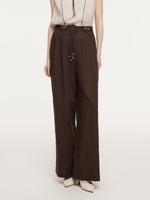 Linen Blend Women Wide Leg Pants With Tie String Belt GOELIA
