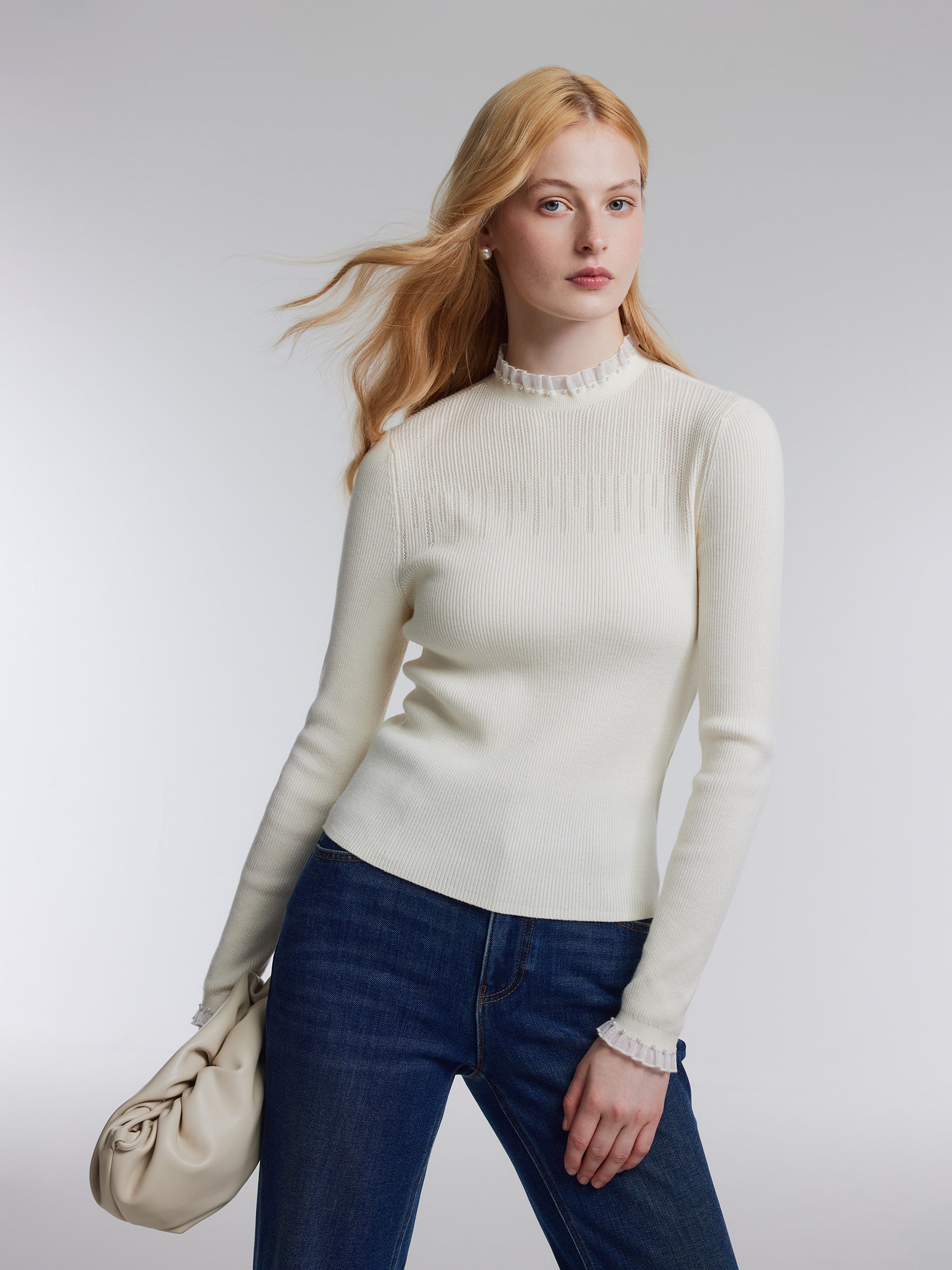 [Preview] Lyocell Wool Blend Beaded Ruffle Neck Women Knit Top GOELIA