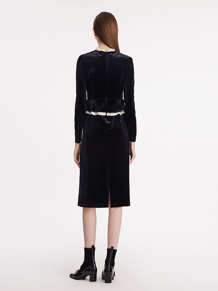 Long Sleeve Velvet Midi Dress with Ruffle Trim and Elastic Waist