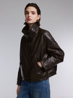 [Preview] PU Leather Goose Down Jacket With Detachable Faux Fur Collar GOELIA