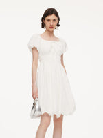 Quick-Dry UV Protection Square Neck Women Bubble Hem Mini Dress With Scrunchie GOELIA