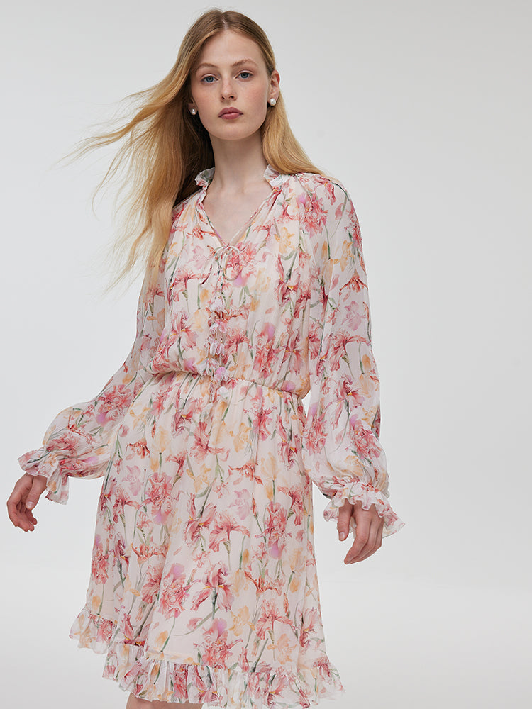 10 Momme Mulberry Silk Iris Printed Ruffle Women Mini Dress GOELIA