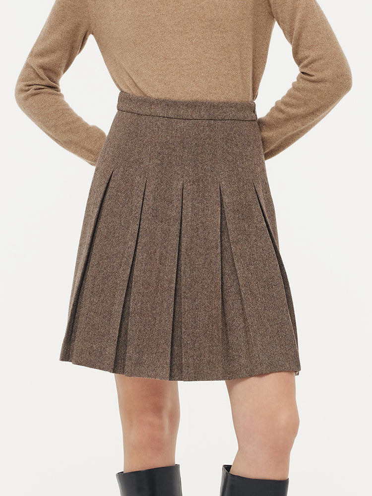 100% Washable Wool Women Front Pleated Mini Skirt GOELIA