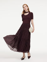 Lyocell Blend Patchwork Women Maxi Dress With Ribbon GOELIA
