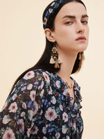 10MM Mulberry Silk Floral Print Women Ruffle V-Neck Blouse GOELIA