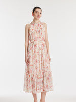 10 Momme Mulberry Silk Iris Printed Halter Ruffle Women Maxi Dress GOELIA
