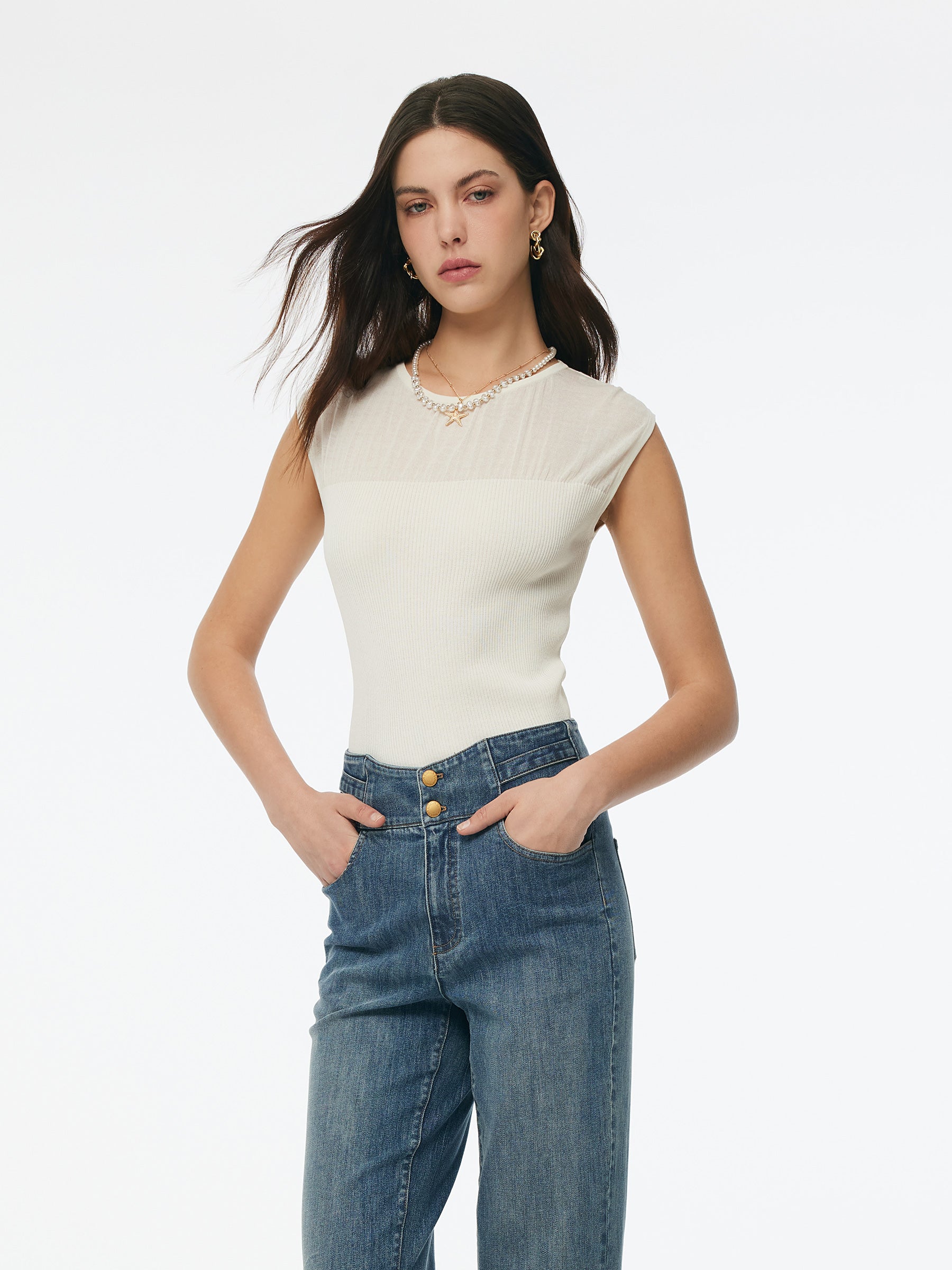Round Neck Women Patchwork Knit Tank Top GOELIA