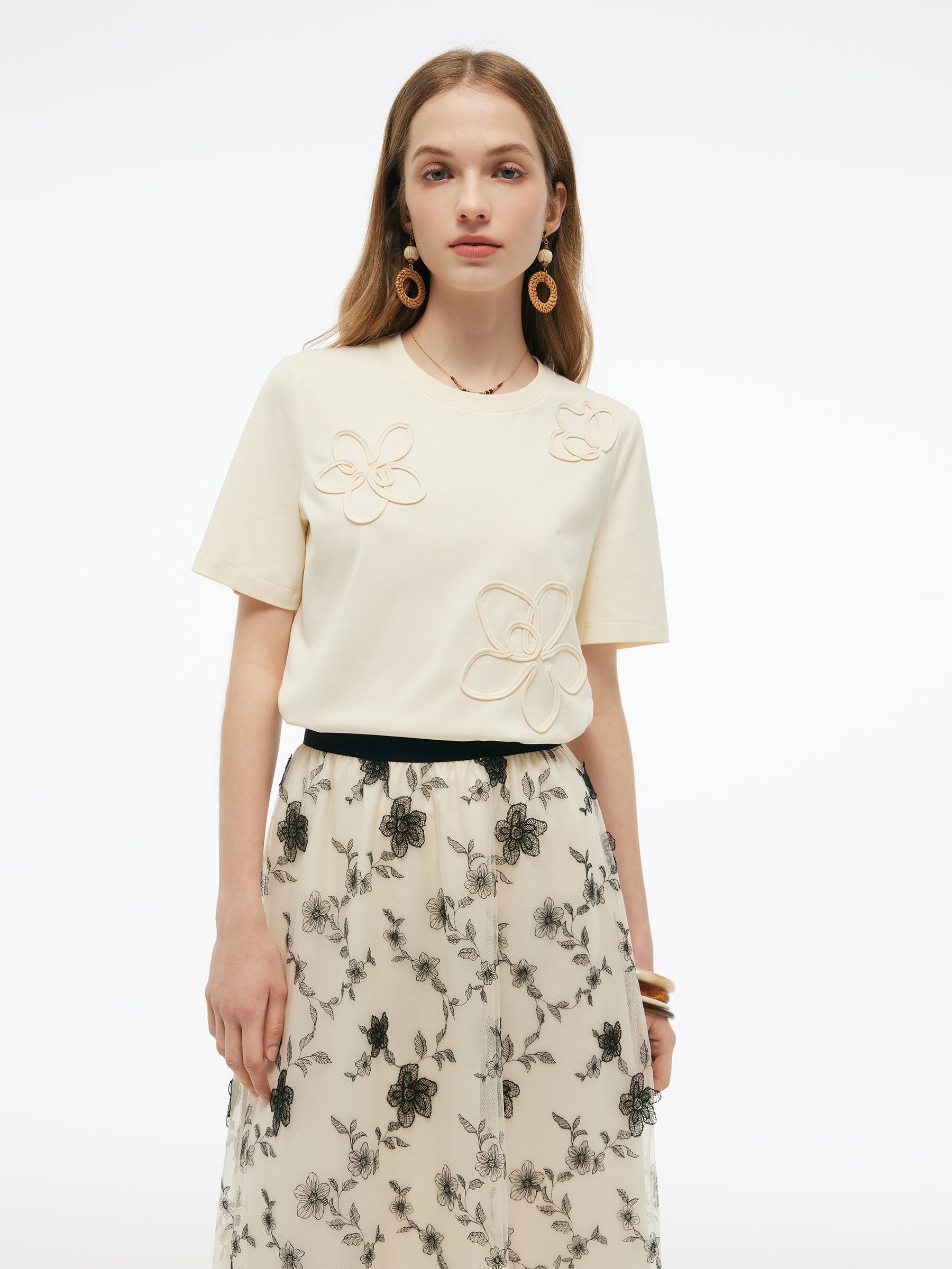Floral Embellished Women Knit T-Shirt GOELIA