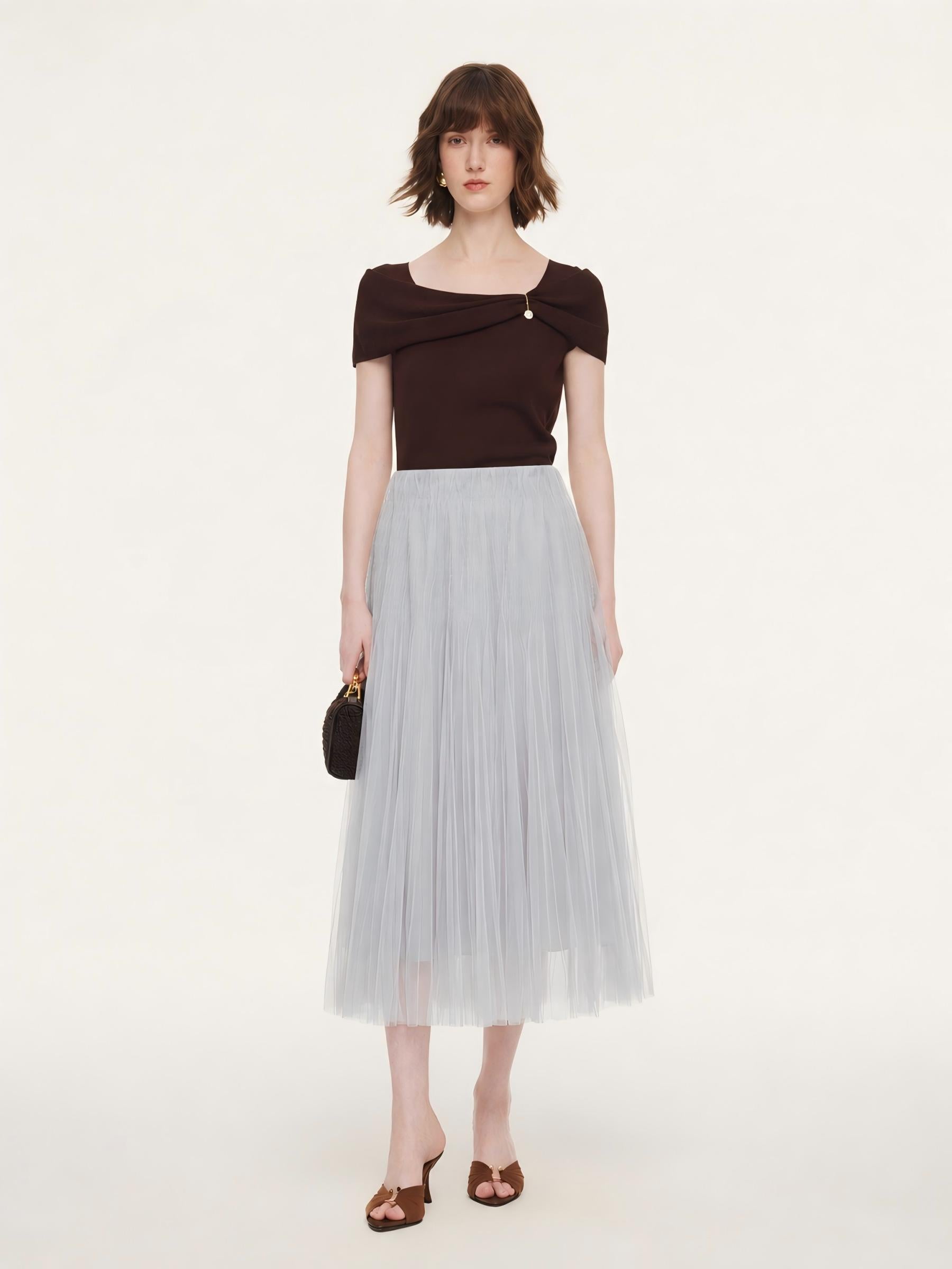 Elastic Waist A-Line Pleated Women Mesh Skirt GOELIA