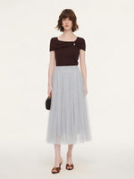 Elastic Waist A-Line Pleated Women Mesh Skirt GOELIA
