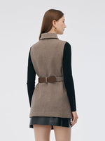 100% Washable Wool Beige Check Cape And Vest Two-Piece With Belt GOELIA