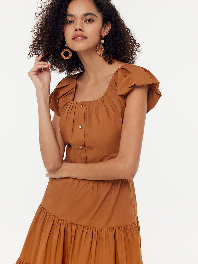 100% Cotton Ruffle Sleeve Gathered Waist Women Mini Dress GOELIA