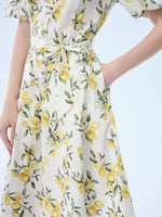 Cotton Lemon Print V-Neck Women Belted Midi Dress GOELIA