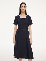 [Preview] Triacetate Blend Square Neck Women Midi Dress With Belt GOELIA