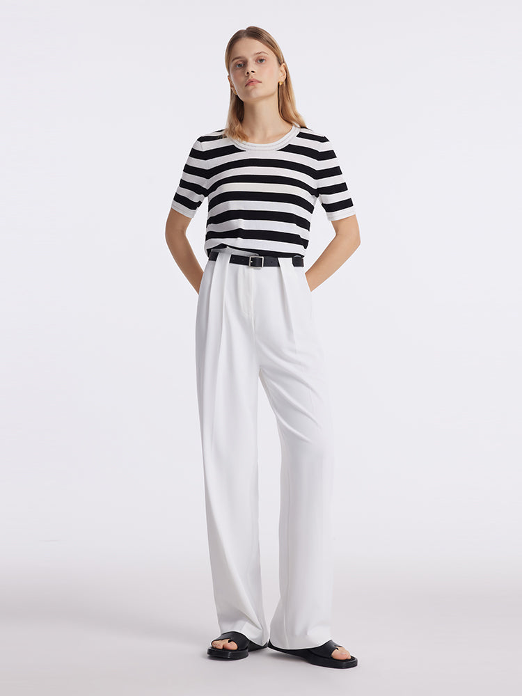 Straight Pleated Women Pants With Leather Belt GOELIA