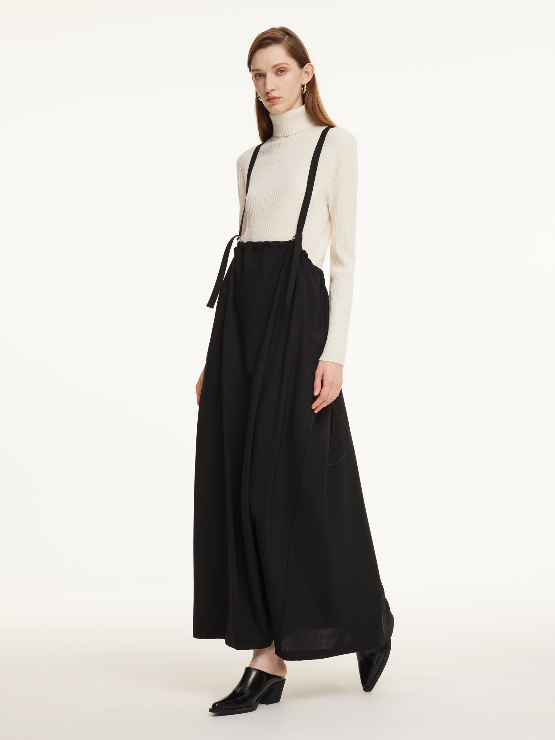 Merino Wool Drawstring Waist Women Pinafore Maxi Dress GOELIA