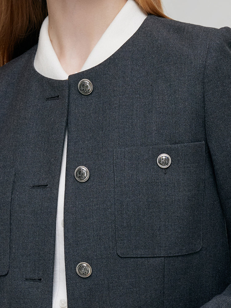 Wool Blend Crop Jacket And A-Line Skirt Two-Piece Set With