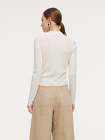 100% Wool V-Neck Ruched Women Polo Knit Top GOELIA