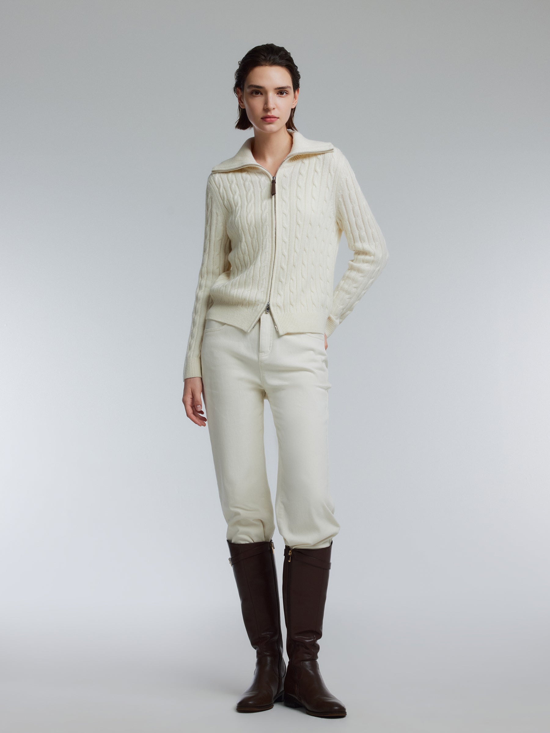 Wool Yak Blend Cable Knit Women Two-Way Zip Cardigan GOELIA