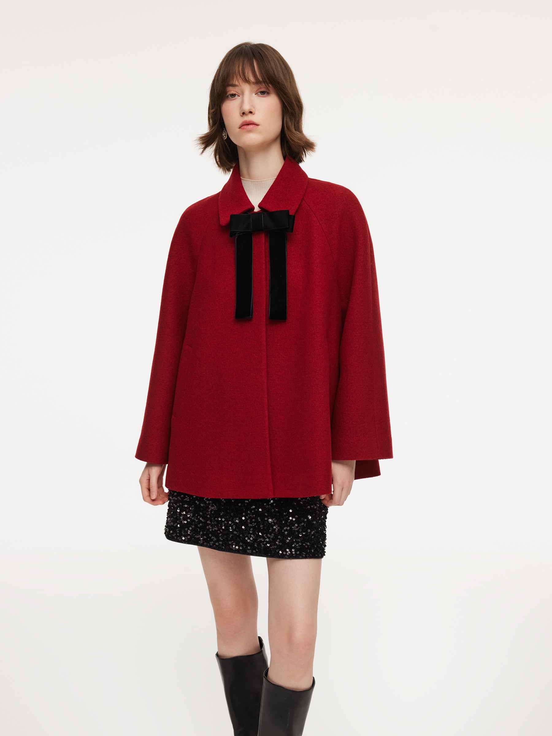 100% Wool Women Coat With Detachable Bowknot GOELIA