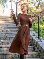 Tencel Wool Blend Boat Neck Women Knit Maxi Dress With Leather Belt GOELIA